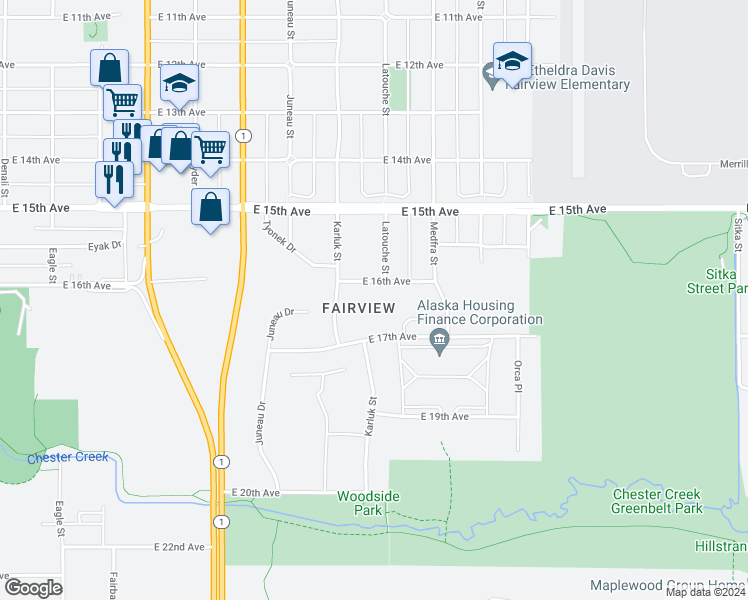 map of restaurants, bars, coffee shops, grocery stores, and more near 1122 East 16th Avenue in Anchorage