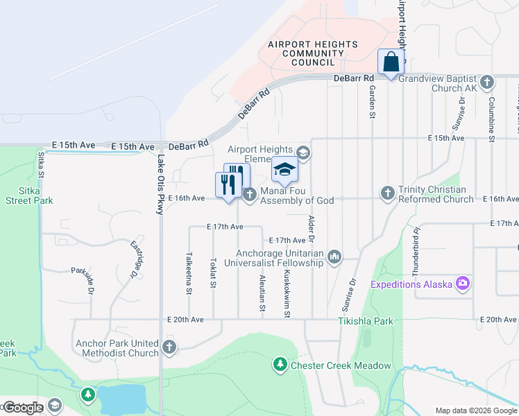 map of restaurants, bars, coffee shops, grocery stores, and more near 2630 East 16th Avenue in Anchorage