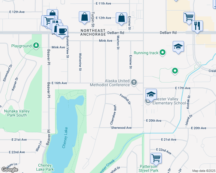 map of restaurants, bars, coffee shops, grocery stores, and more near 1619A Otter Street in Anchorage
