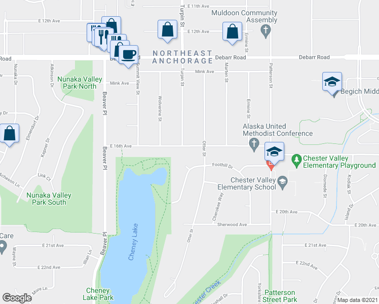 map of restaurants, bars, coffee shops, grocery stores, and more near 6704 East 16th Avenue in Anchorage