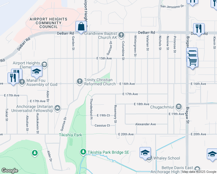 map of restaurants, bars, coffee shops, grocery stores, and more near 3234 East 16th Avenue in Anchorage
