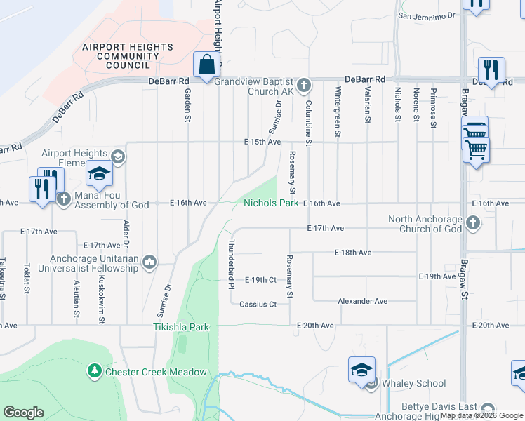 map of restaurants, bars, coffee shops, grocery stores, and more near 3234 East 16th Avenue in Anchorage