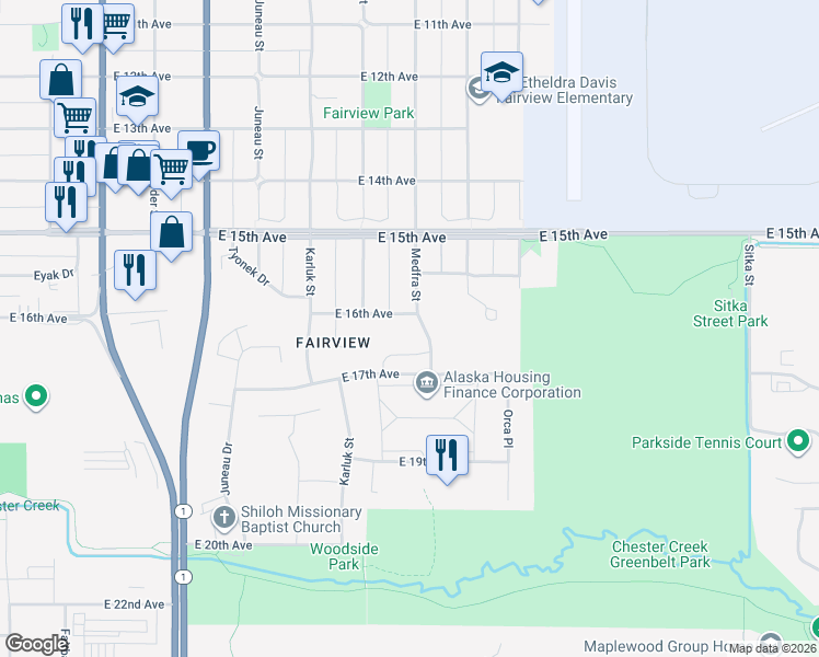 map of restaurants, bars, coffee shops, grocery stores, and more near 1616 Medfra Street in Anchorage