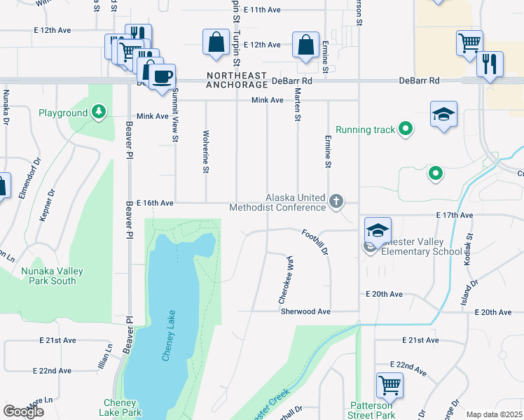 map of restaurants, bars, coffee shops, grocery stores, and more near 1619A Otter Street in Anchorage
