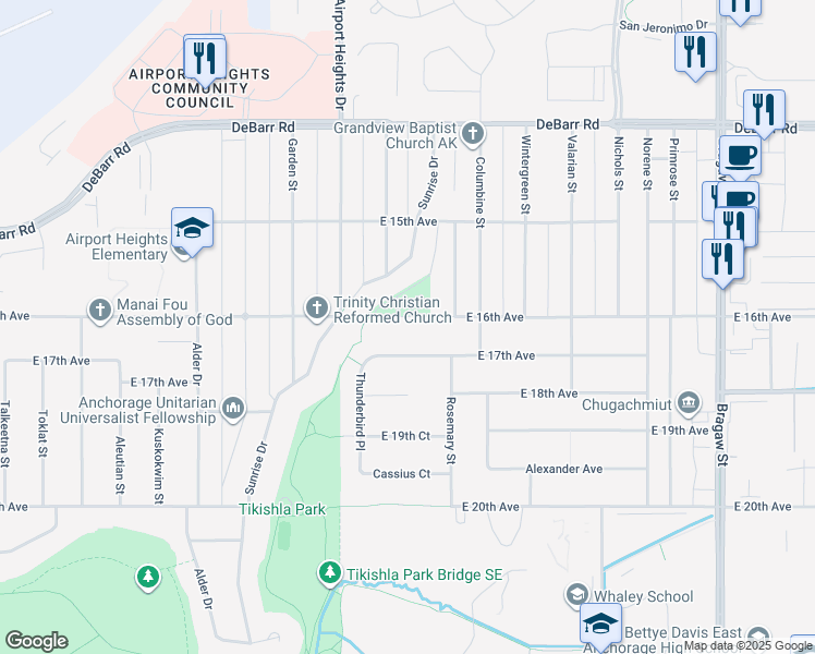 map of restaurants, bars, coffee shops, grocery stores, and more near 3234 East 16th Avenue in Anchorage