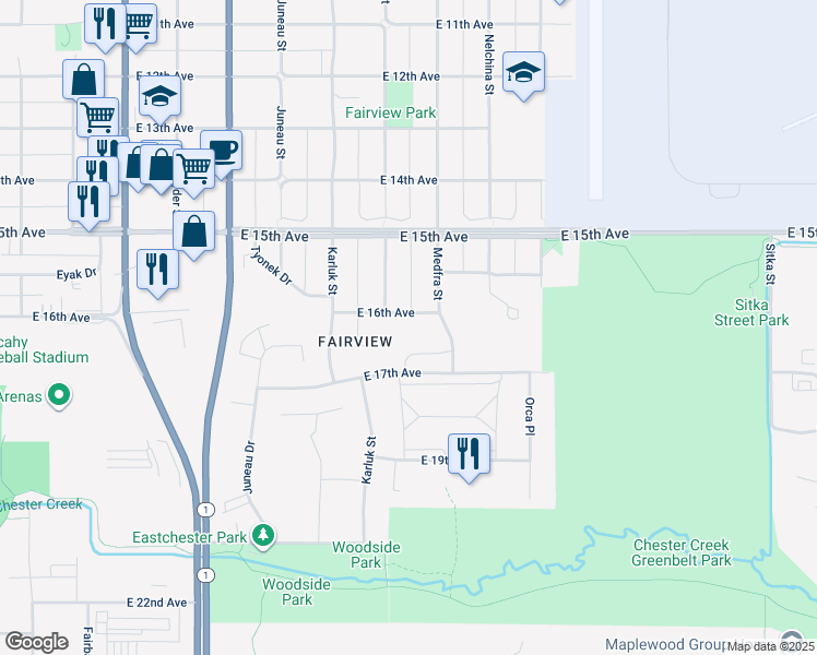 map of restaurants, bars, coffee shops, grocery stores, and more near 1210 East 16th Avenue in Anchorage