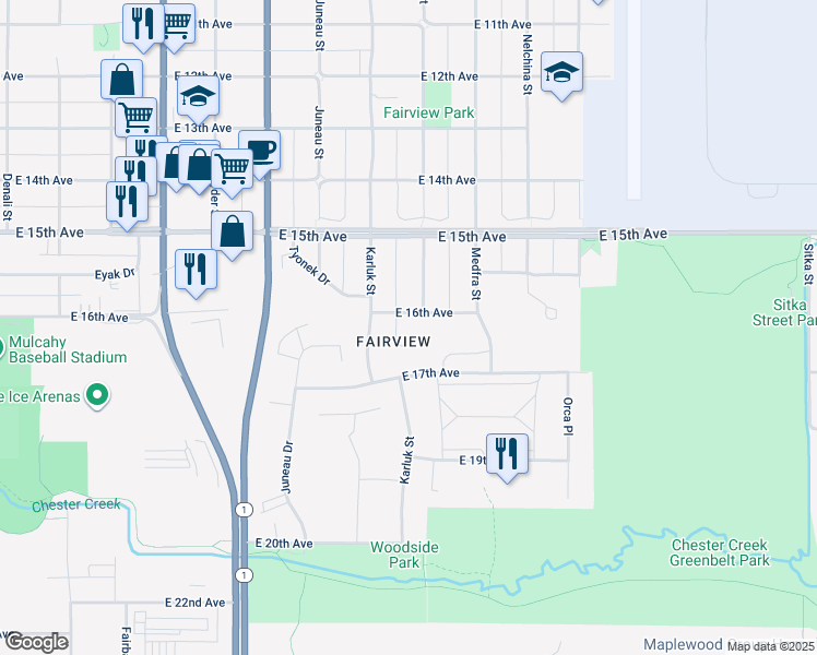 map of restaurants, bars, coffee shops, grocery stores, and more near 1122 East 16th Avenue in Anchorage