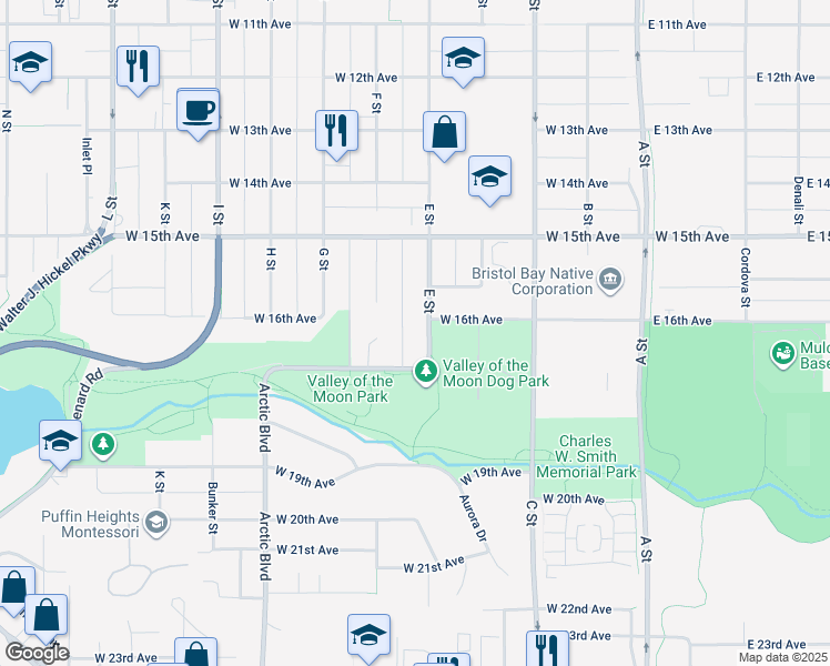 map of restaurants, bars, coffee shops, grocery stores, and more near 1604 E Street in Anchorage