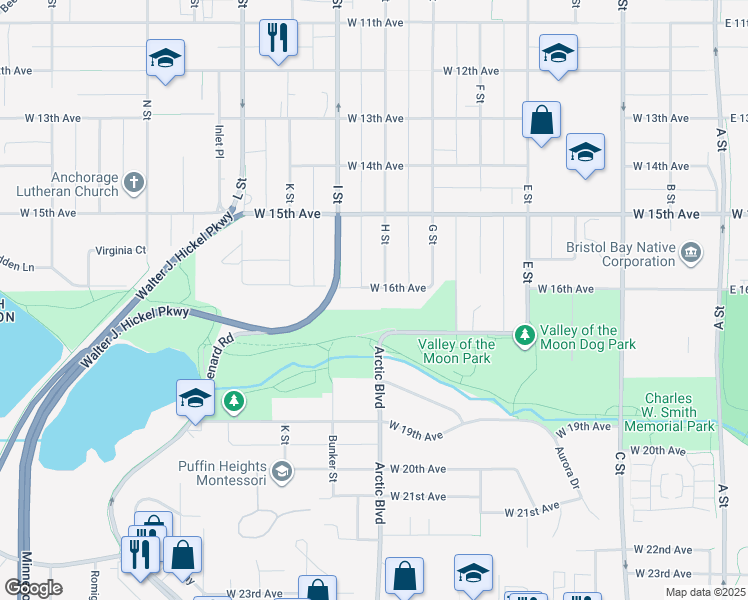map of restaurants, bars, coffee shops, grocery stores, and more near 804 W 16th Ave in Anchorage