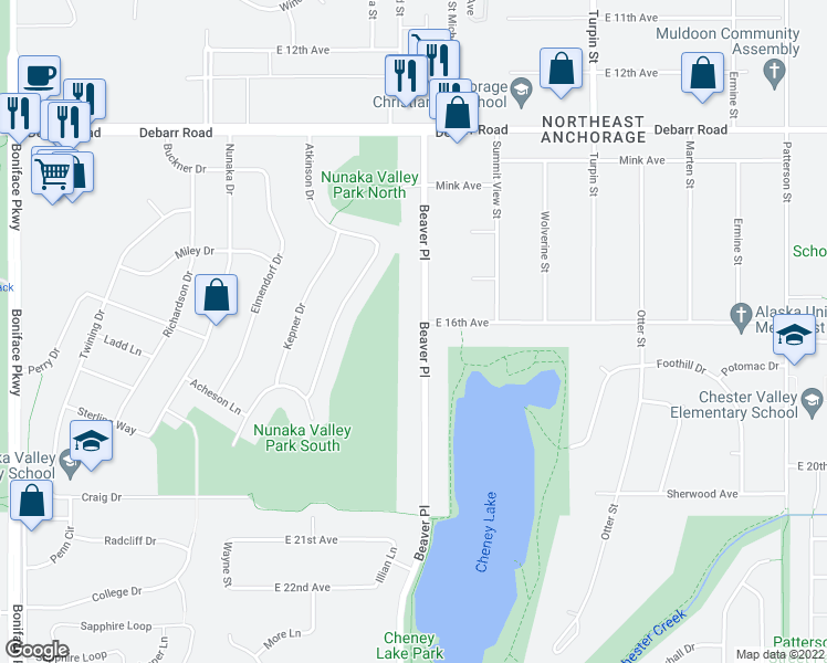 map of restaurants, bars, coffee shops, grocery stores, and more near 1600 Beaver Place in Anchorage
