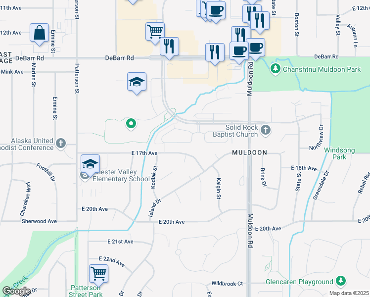 map of restaurants, bars, coffee shops, grocery stores, and more near 7601 East 17th Avenue in Anchorage
