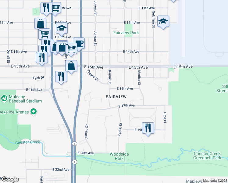 map of restaurants, bars, coffee shops, grocery stores, and more near 1122 East 16th Avenue in Anchorage