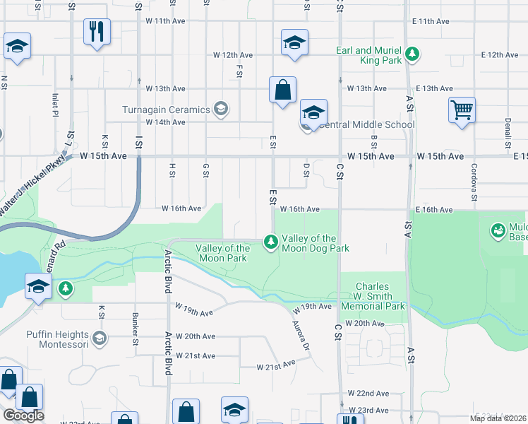 map of restaurants, bars, coffee shops, grocery stores, and more near 1604 E Street in Anchorage