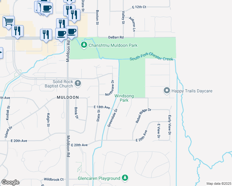 map of restaurants, bars, coffee shops, grocery stores, and more near 1551 Northview Dr in Anchorage