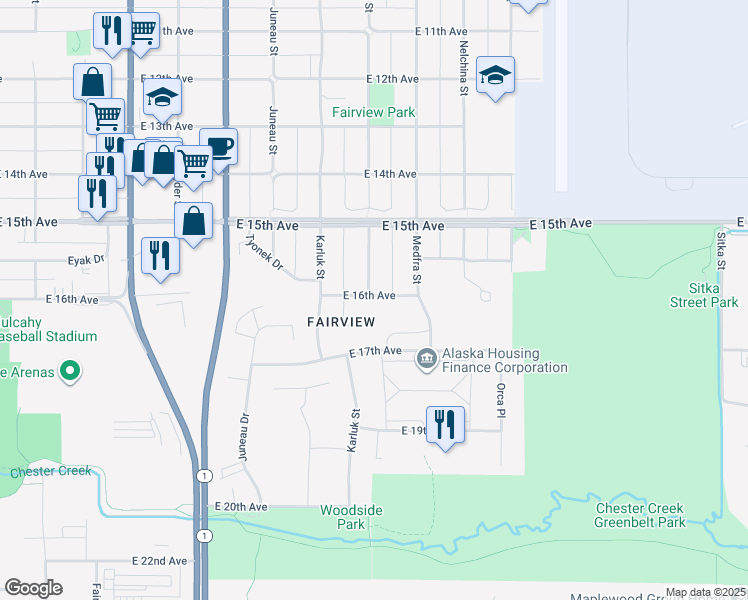 map of restaurants, bars, coffee shops, grocery stores, and more near 1210 East 16th Avenue in Anchorage