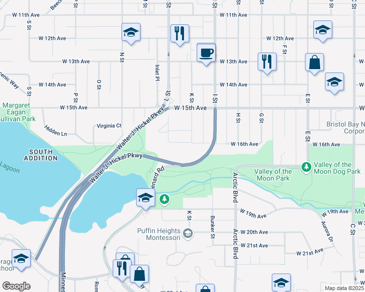 map of restaurants, bars, coffee shops, grocery stores, and more near 1042 West 16th Avenue in Anchorage