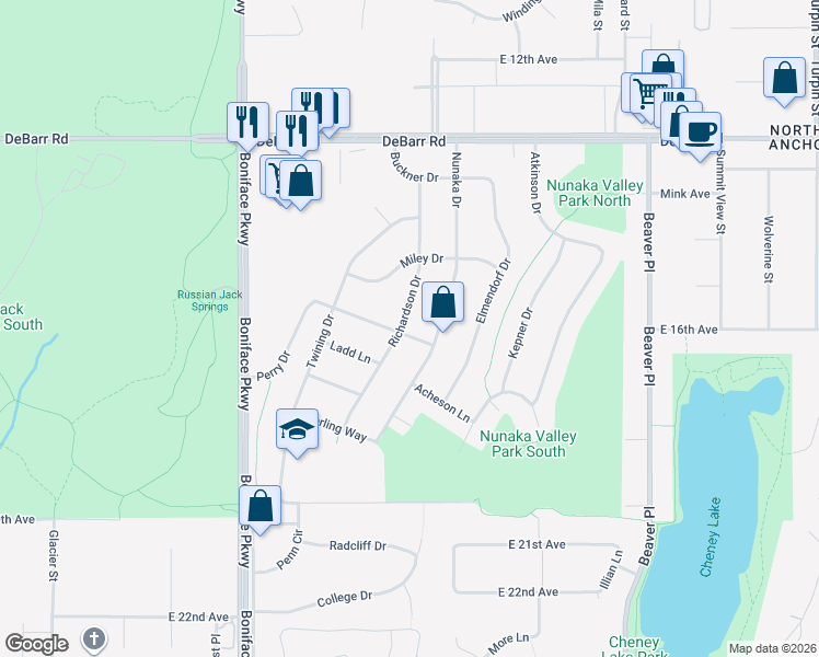 map of restaurants, bars, coffee shops, grocery stores, and more near 5901 Perry Drive in Anchorage