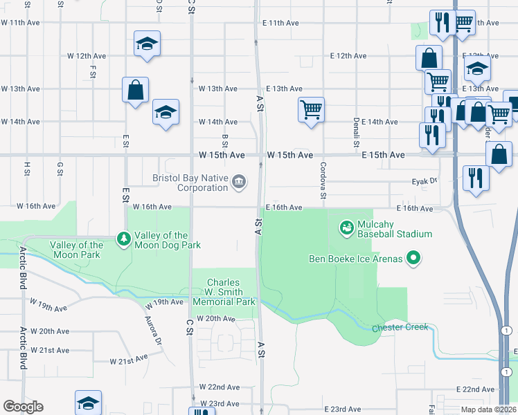 map of restaurants, bars, coffee shops, grocery stores, and more near A Street in Anchorage