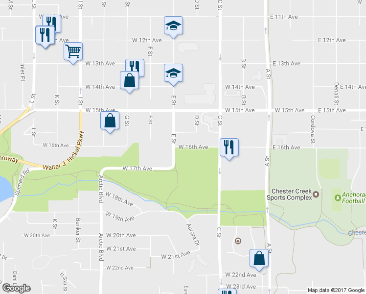 map of restaurants, bars, coffee shops, grocery stores, and more near 425 West 16th Avenue in Anchorage