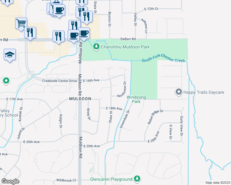 map of restaurants, bars, coffee shops, grocery stores, and more near 8101 Northview Drive in Anchorage