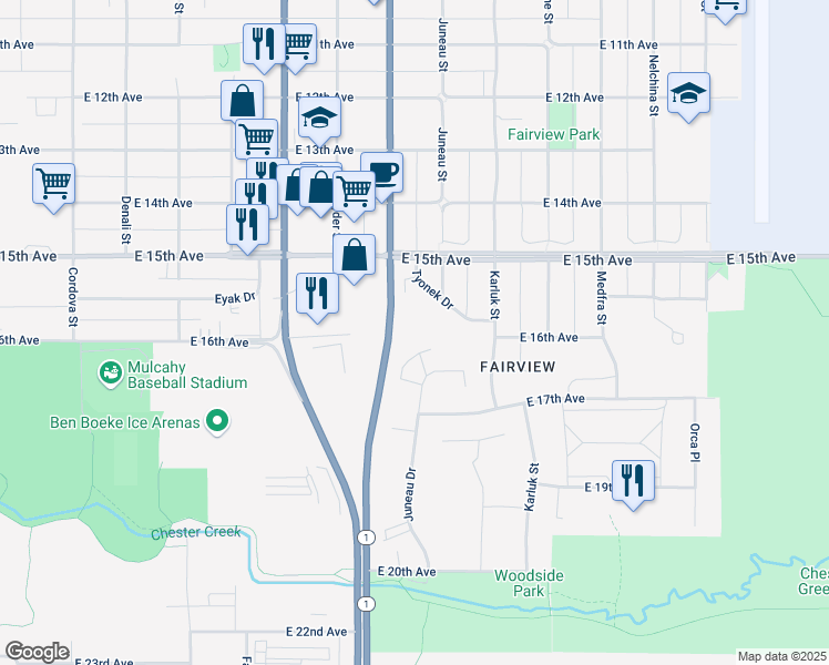 map of restaurants, bars, coffee shops, grocery stores, and more near 930 Tyonek Drive in Anchorage