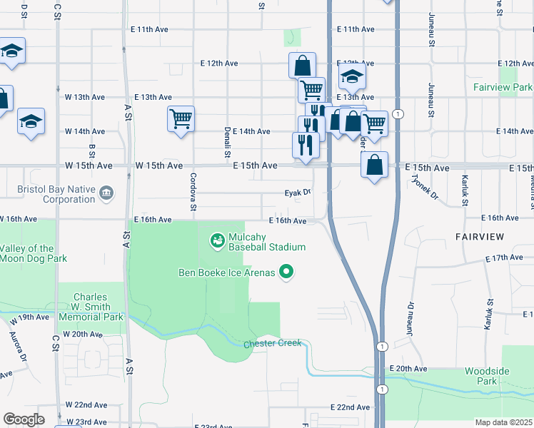 map of restaurants, bars, coffee shops, grocery stores, and more near 435 East 16th Avenue in Anchorage