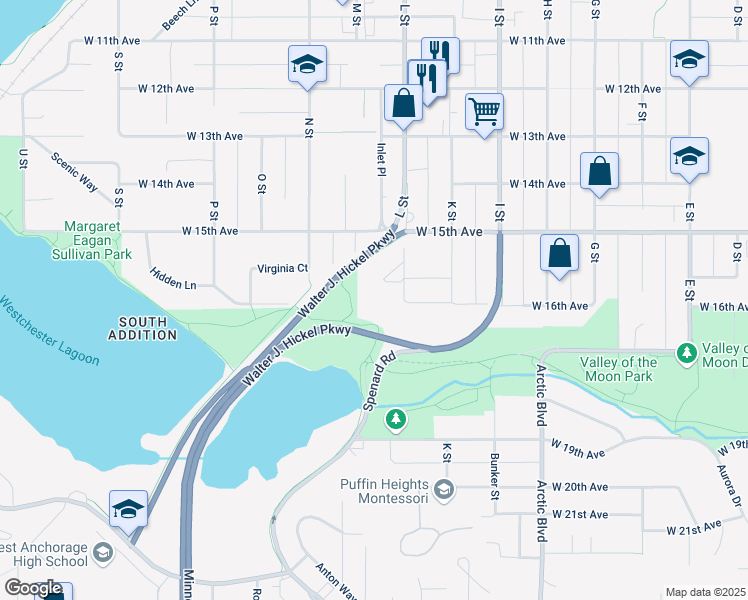 map of restaurants, bars, coffee shops, grocery stores, and more near 1568 Coffey Lane in Anchorage