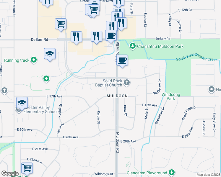 map of restaurants, bars, coffee shops, grocery stores, and more near 7900 Creekside Center Drive in Anchorage