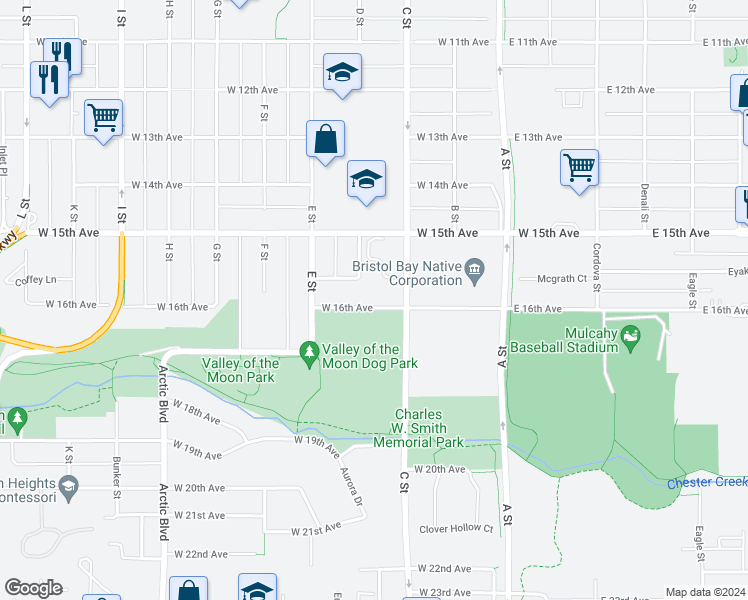map of restaurants, bars, coffee shops, grocery stores, and more near 325 West 16th Avenue in Anchorage