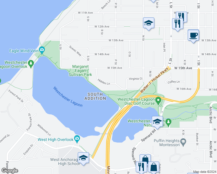 map of restaurants, bars, coffee shops, grocery stores, and more near 1620 Hidden Lane in Anchorage