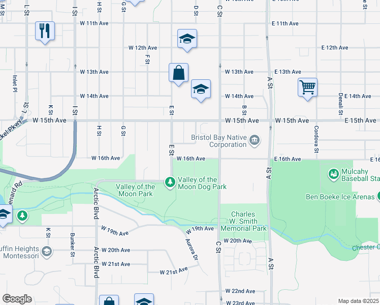 map of restaurants, bars, coffee shops, grocery stores, and more near 425 West 16th Avenue in Anchorage