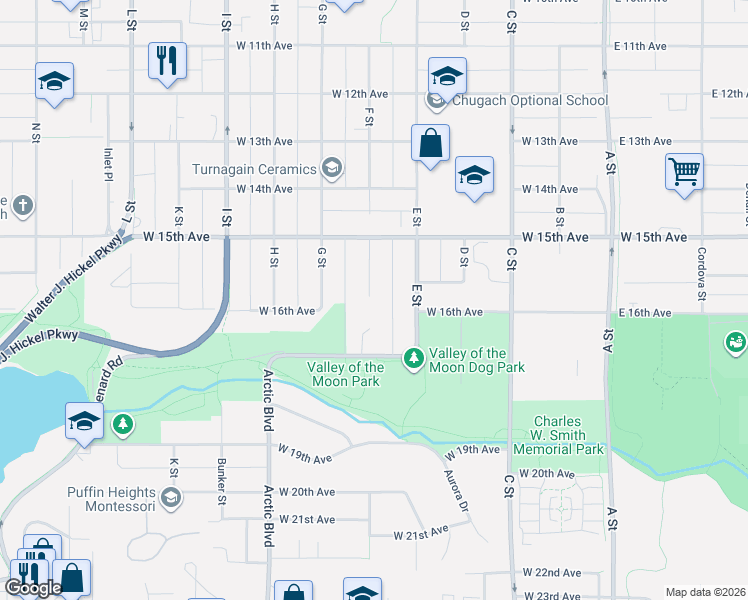 map of restaurants, bars, coffee shops, grocery stores, and more near 1576 F Street in Anchorage