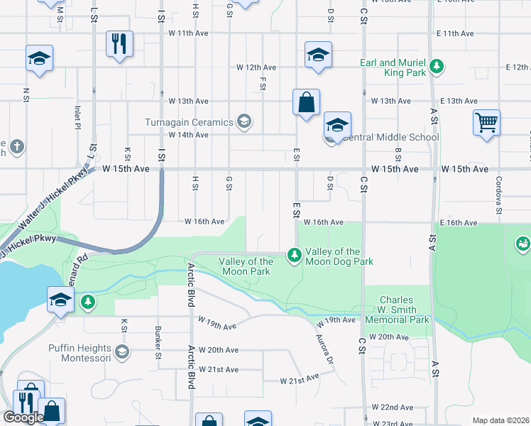 map of restaurants, bars, coffee shops, grocery stores, and more near 1567 F Street in Anchorage