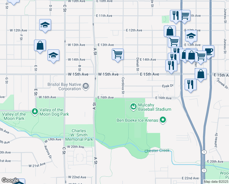 map of restaurants, bars, coffee shops, grocery stores, and more near 201 East 16th Avenue in Anchorage
