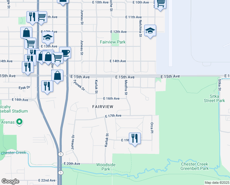 map of restaurants, bars, coffee shops, grocery stores, and more near 1210 East 16th Avenue in Anchorage