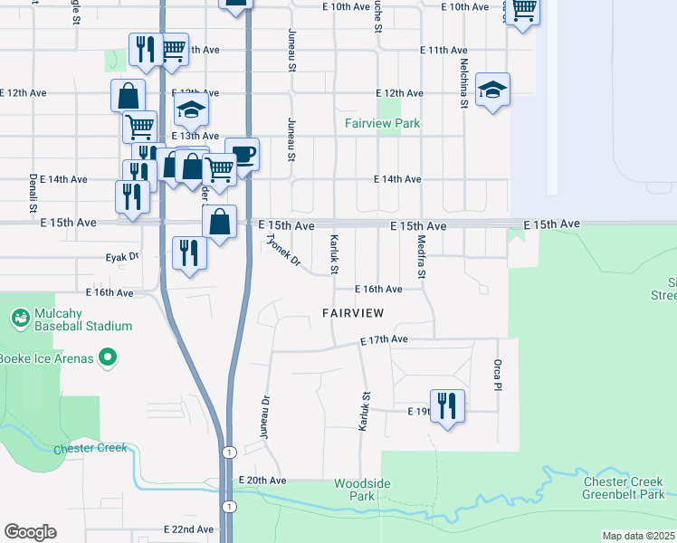 map of restaurants, bars, coffee shops, grocery stores, and more near 1122 East 16th Avenue in Anchorage