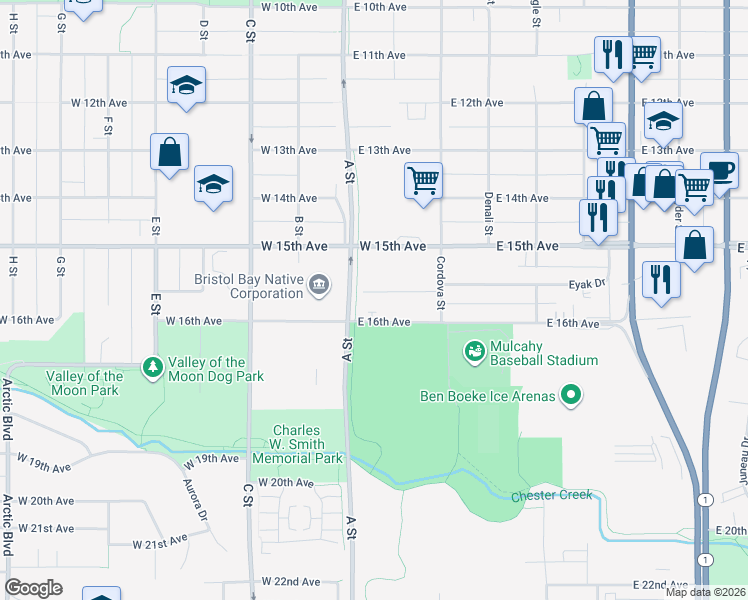 map of restaurants, bars, coffee shops, grocery stores, and more near 1553 A Street in Anchorage