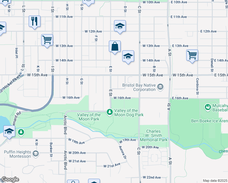 map of restaurants, bars, coffee shops, grocery stores, and more near 425 West 16th Avenue in Anchorage