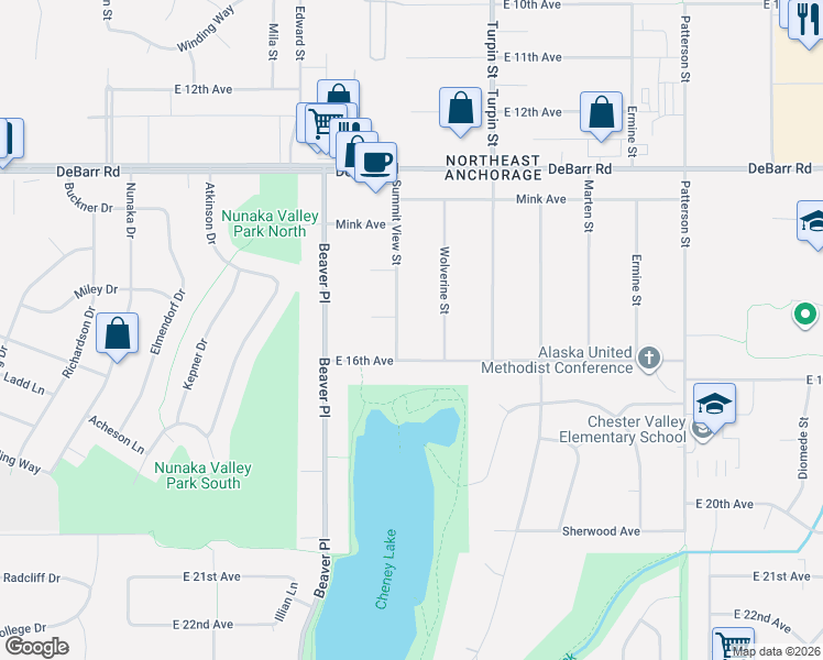map of restaurants, bars, coffee shops, grocery stores, and more near 6530 East 16th Avenue in Anchorage