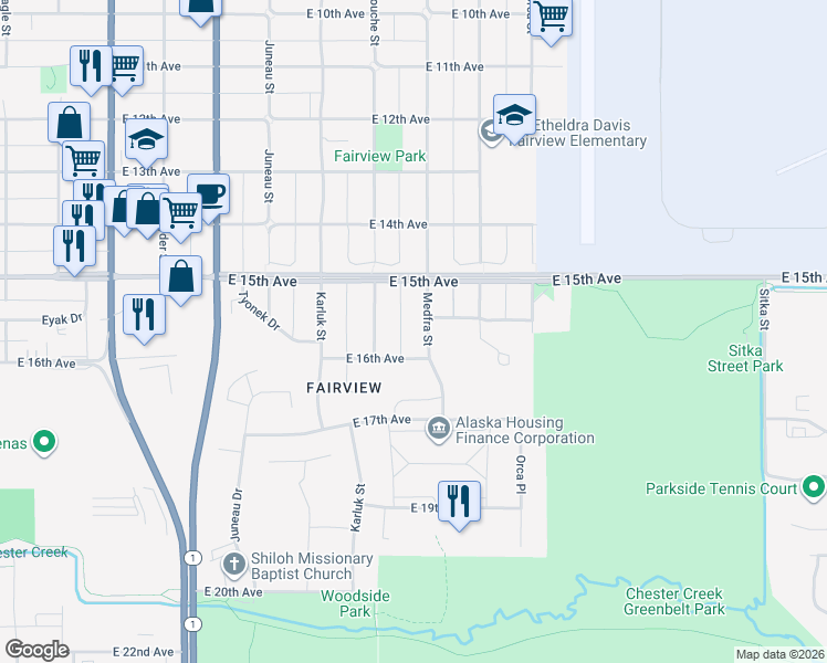 map of restaurants, bars, coffee shops, grocery stores, and more near 1616 Medfra Street in Anchorage