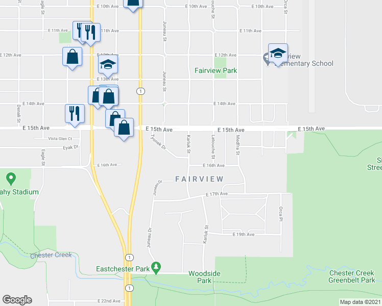 map of restaurants, bars, coffee shops, grocery stores, and more near 1122 East 16th Avenue in Anchorage