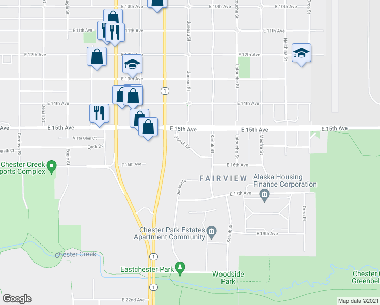 map of restaurants, bars, coffee shops, grocery stores, and more near 1634 Juneau Drive in Anchorage