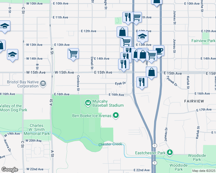 map of restaurants, bars, coffee shops, grocery stores, and more near 435 East 16th Avenue in Anchorage