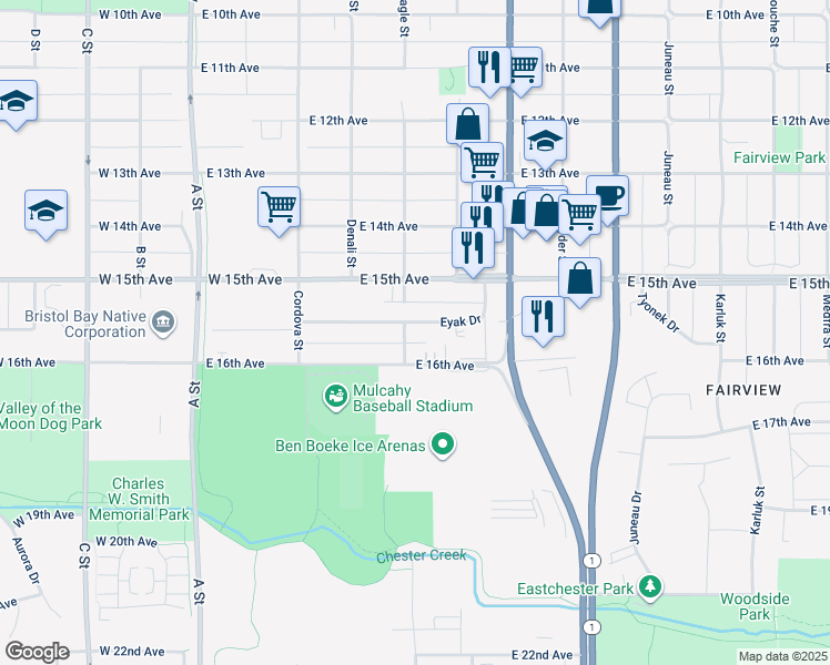 map of restaurants, bars, coffee shops, grocery stores, and more near 1531 Eagle Street in Anchorage