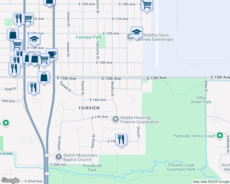 map of restaurants, bars, coffee shops, grocery stores, and more near 1541 Medfra Street in Anchorage