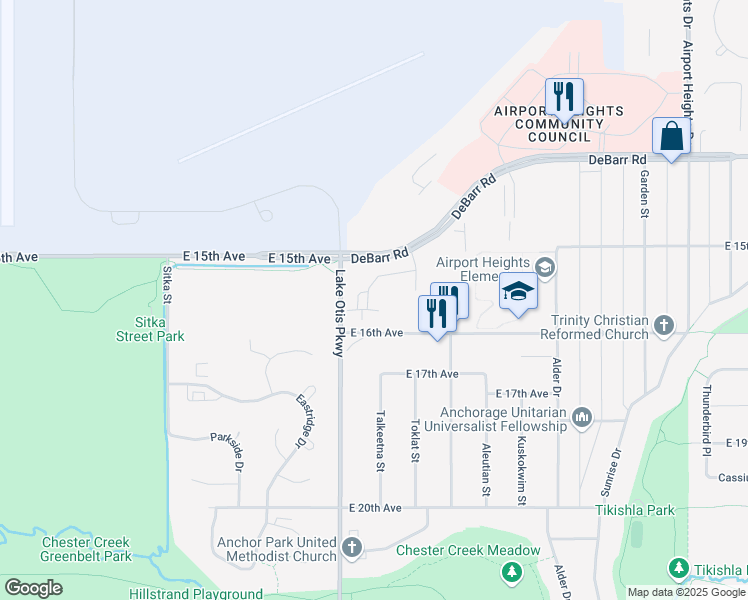 map of restaurants, bars, coffee shops, grocery stores, and more near 1528 Charter Circle in Anchorage