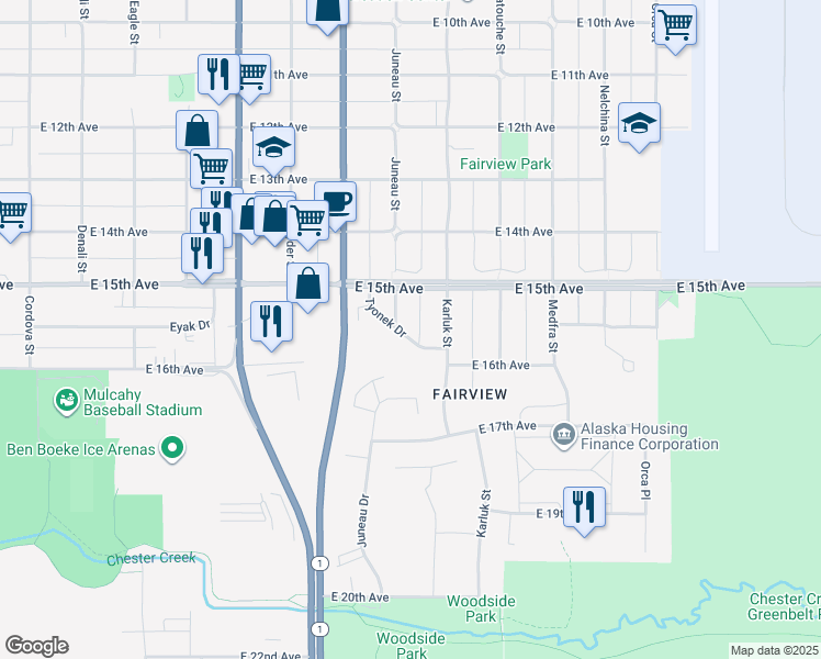 map of restaurants, bars, coffee shops, grocery stores, and more near 1531 Juneau Street in Anchorage