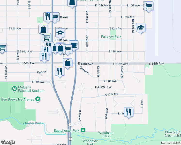 map of restaurants, bars, coffee shops, grocery stores, and more near 1511 Juneau Street in Anchorage