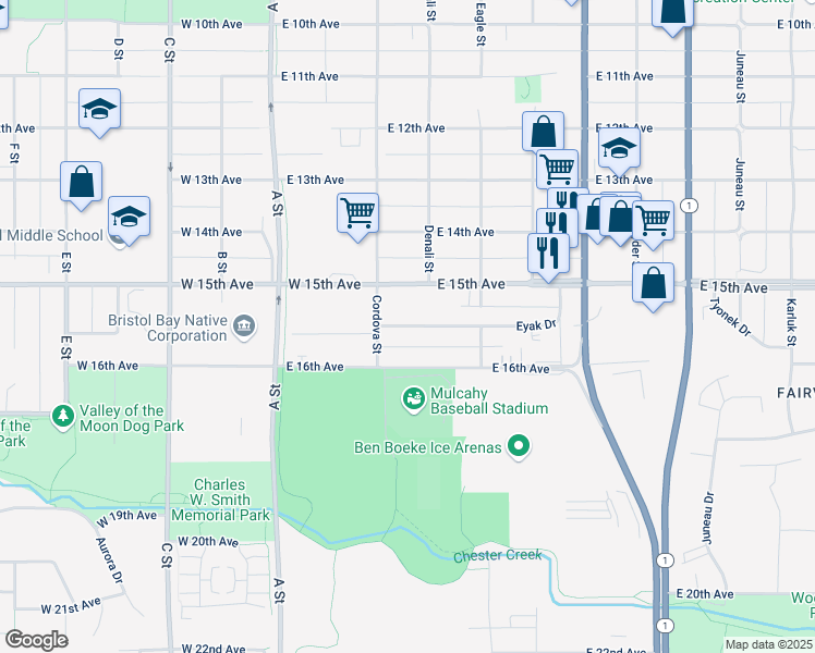 map of restaurants, bars, coffee shops, grocery stores, and more near in Anchorage