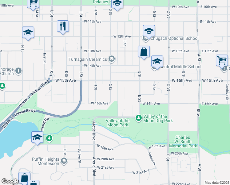 map of restaurants, bars, coffee shops, grocery stores, and more near 632 West 15th Avenue in Anchorage